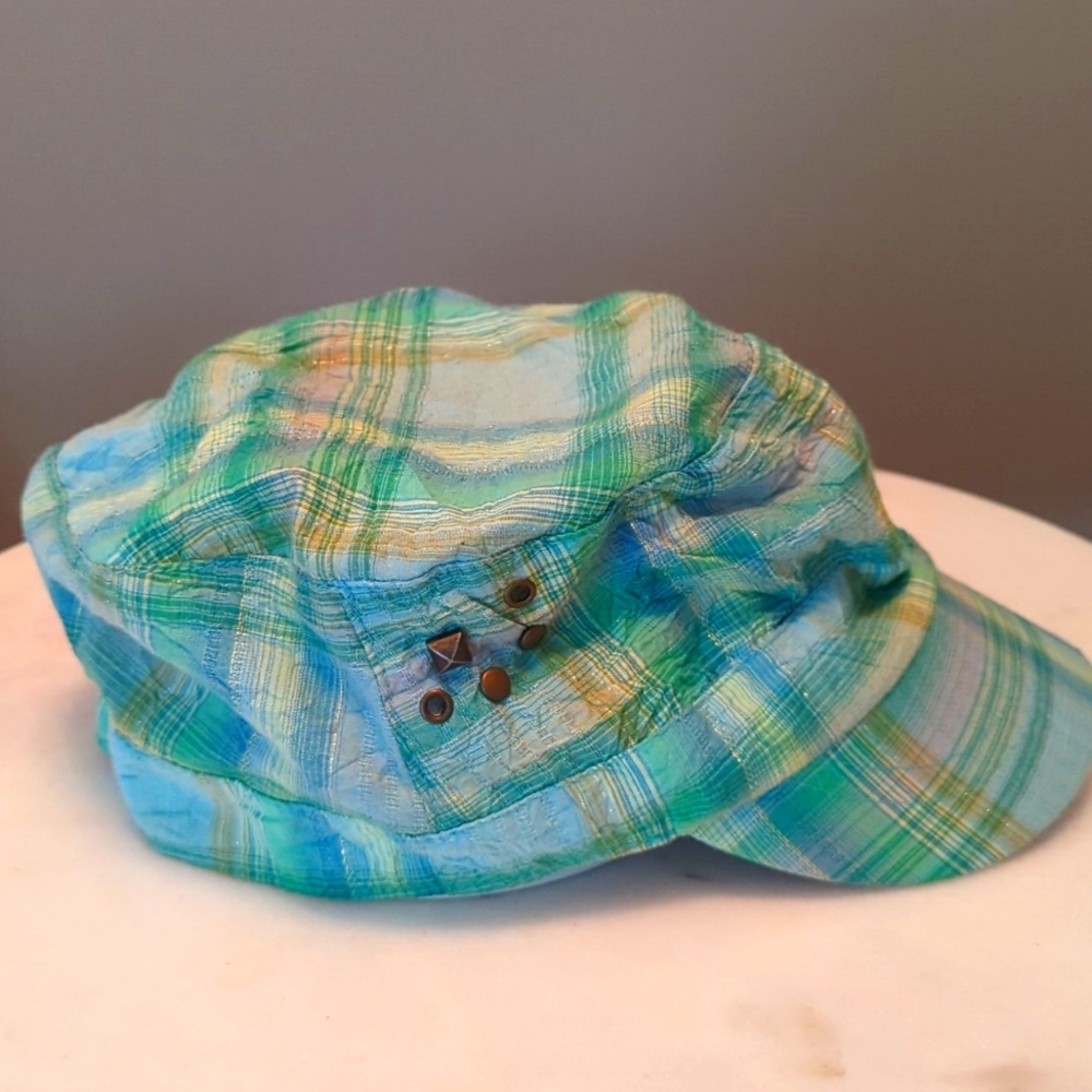 Plaid Summer Cap Aqua Blue and Green